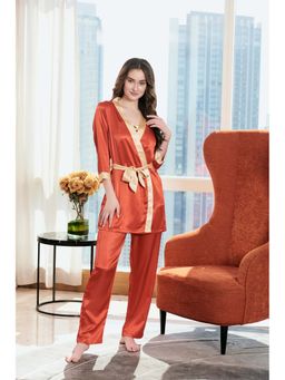 Private Lives - Orange Classic Lace Detail Night Suit In Solid