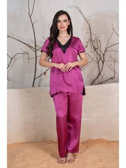 Private Lives - Purple Classic Lace Detail Night Suit In Solid