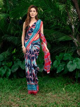 Beatitude - Blue Pink Saree with Unstitched Blouse