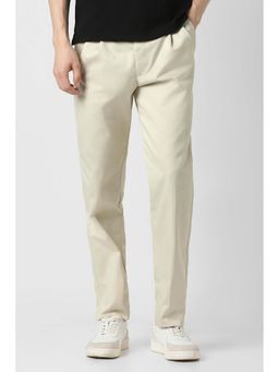 Peter England - Men Cream Solid Regular Fit Trousers