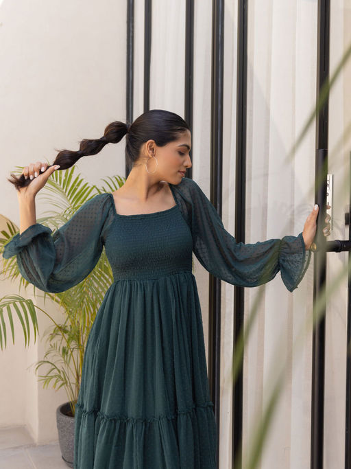 green emerald velvet dress Emerald Green Ruffle Shoulder V-Neck Chiffon Gown main image 1
