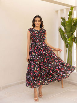 Polago Clothing - Black Floral Smocked Dress