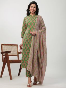 Janasya - Womens Green Cotton Ethnic Motifs Regular Kurta with Pant and Dupatta (Set of 3)