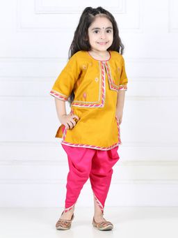 Kinder Kids - Yellow Embroidered Jacket Styled Kurti With Pink Dhoti (Set of 2)