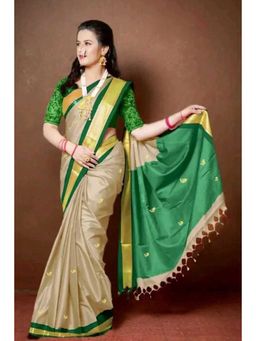 A S CREATION - Cotton Silk Kanchipuram Beige Saree with Unstitched Blouse