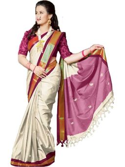 A S CREATION - Cotton Silk Kanchipuram Beige Saree with Unstitched Blouse