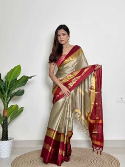 A S CREATION - Cotton Silk Kanchipuram Beige Saree with Unstitched Blouse