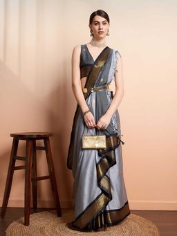 A S CREATION - Cotton Silk Kanchipuram Grey Saree with Unstitched Blouse