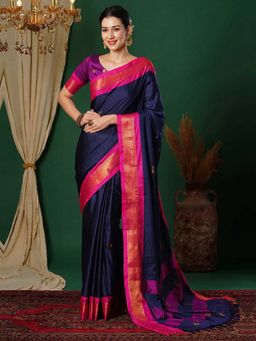 A S CREATION - Cotton Silk Kanchipuram Navy Blue Saree with Unstitched Blouse