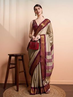 A S CREATION - Cotton Silk Kanchipuram Beige Saree with Unstitched Blouse