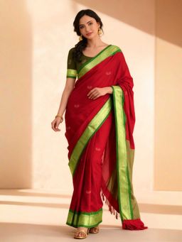 A S CREATION - Cotton Silk Kanchipuram Red Saree with Unstitched Blouse