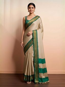 A S CREATION - Cotton Silk Kanchipuram Beige Saree with Unstitched Blouse