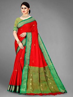 A S CREATION - Cotton Silk Kanchipuram Red Saree with Unstitched Blouse