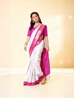 A S CREATION - Cotton Silk Kanchipuram White Saree with Unstitched Blouse