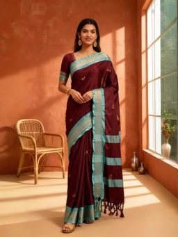 A S CREATION - Cotton Silk Kanchipuram Wine Saree with Unstitched Blouse