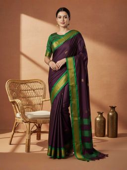 A S CREATION - Cotton Silk Kanchipuram Purple Saree with Unstitched Blouse