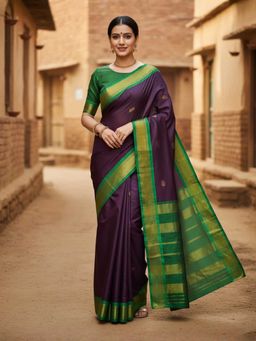 A S CREATION - Cotton Silk Kanchipuram Purple Saree with Unstitched Blouse