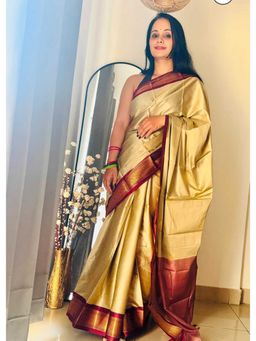 A S CREATION - Cotton Silk Kanchipuram Golden Saree with Unstitched Blouse