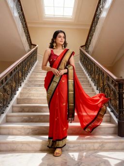 A S CREATION - Cotton Silk Kanchipuram Red Saree with Unstitched Blouse