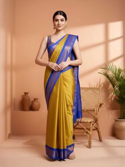A S CREATION - Cotton Silk Kanchipuram Mustard Saree with Unstitched Blouse