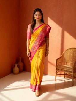 A S CREATION - Cotton Silk Kanchipuram Yellow Saree with Unstitched Blouse