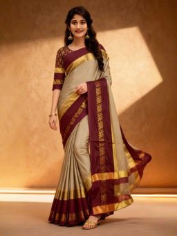 A S CREATION - Cotton Silk Kanchipuram Beige Saree with Unstitched Blouse