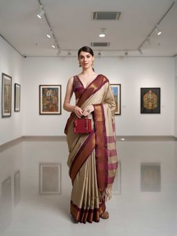 A S CREATION - Cotton Silk Kanchipuram Beige Saree with Unstitched Blouse