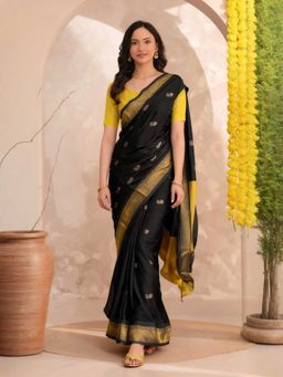 A S CREATION - Cotton Silk Kanchipuram Black Saree with Unstitched Blouse
