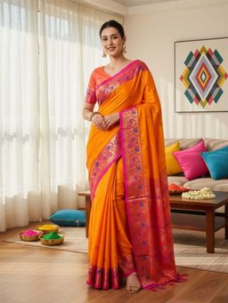 A S CREATION - Cotton Silk Kanchipuram Orange Saree with Unstitched Blouse
