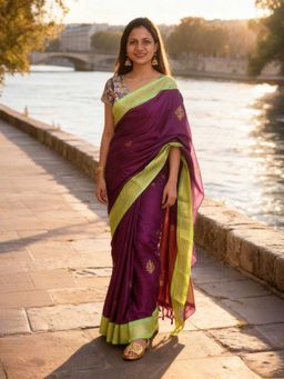 A S CREATION - Cotton Silk Kanchipuram Wine Saree with Unstitched Blouse