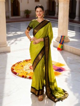 A S CREATION - Cotton Silk Kanchipuram Green Saree with Unstitched Blouse