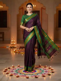 A S CREATION - Cotton Silk Kanchipuram Burgundy Saree with Unstitched Blouse