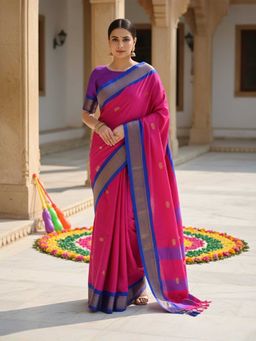 A S CREATION - Cotton Silk Kanchipuram Pink Saree with Unstitched Blouse