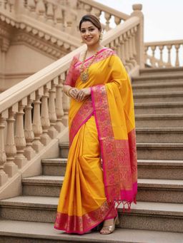 A S CREATION - Cotton Silk Kanchipuram Yellow Saree with Unstitched Blouse