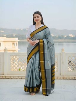 A S CREATION - Cotton Silk Kanchipuram Grey Saree with Unstitched Blouse
