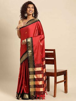 A S CREATION - Cotton Silk Kanchipuram Red Saree with Unstitched Blouse