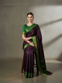 A S CREATION - Cotton Silk Kanchipuram Burgundy Saree with Unstitched Blouse