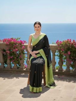 A S CREATION - Cotton Silk Kanchipuram Black Saree with Unstitched Blouse