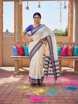 A S CREATION - Cotton Silk Kanchipuram White Saree with Unstitched Blouse