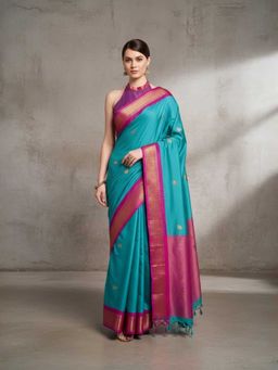 A S CREATION - Cotton Silk Kanchipuram Blue Saree with Unstitched Blouse
