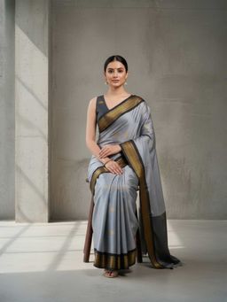 A S CREATION - Cotton Silk Kanchipuram Grey Saree with Unstitched Blouse