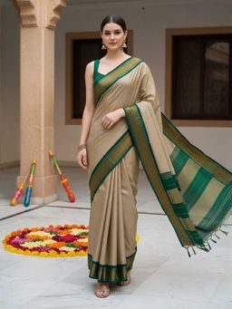 A S CREATION - Cotton Silk Kanchipuram Beige Saree with Unstitched Blouse