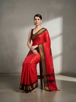 A S CREATION - Cotton Silk Kanchipuram Red Saree with Unstitched Blouse