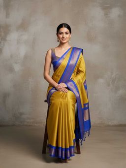 A S CREATION - Cotton Silk Kanchipuram Mustard Saree with Unstitched Blouse