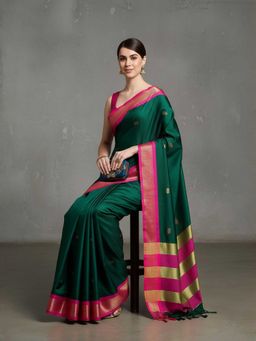 A S CREATION - Cotton Silk Kanchipuram Green Saree with Unstitched Blouse