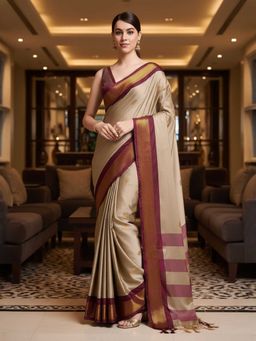 A S CREATION - Cotton Silk Kanchipuram Beige Saree with Unstitched Blouse