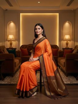 A S CREATION - Cotton Silk Kanchipuram Orange Saree with Unstitched Blouse