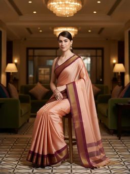 A S CREATION - Cotton Silk Kanchipuram Peach Saree with Unstitched Blouse