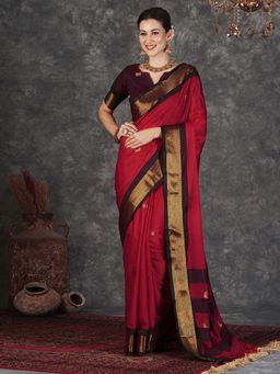 A S CREATION - Cotton Silk Kanchipuram Red Saree with Unstitched Blouse