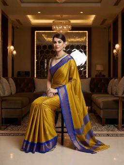 A S CREATION - Cotton Silk Kanchipuram Mustard Saree with Unstitched Blouse